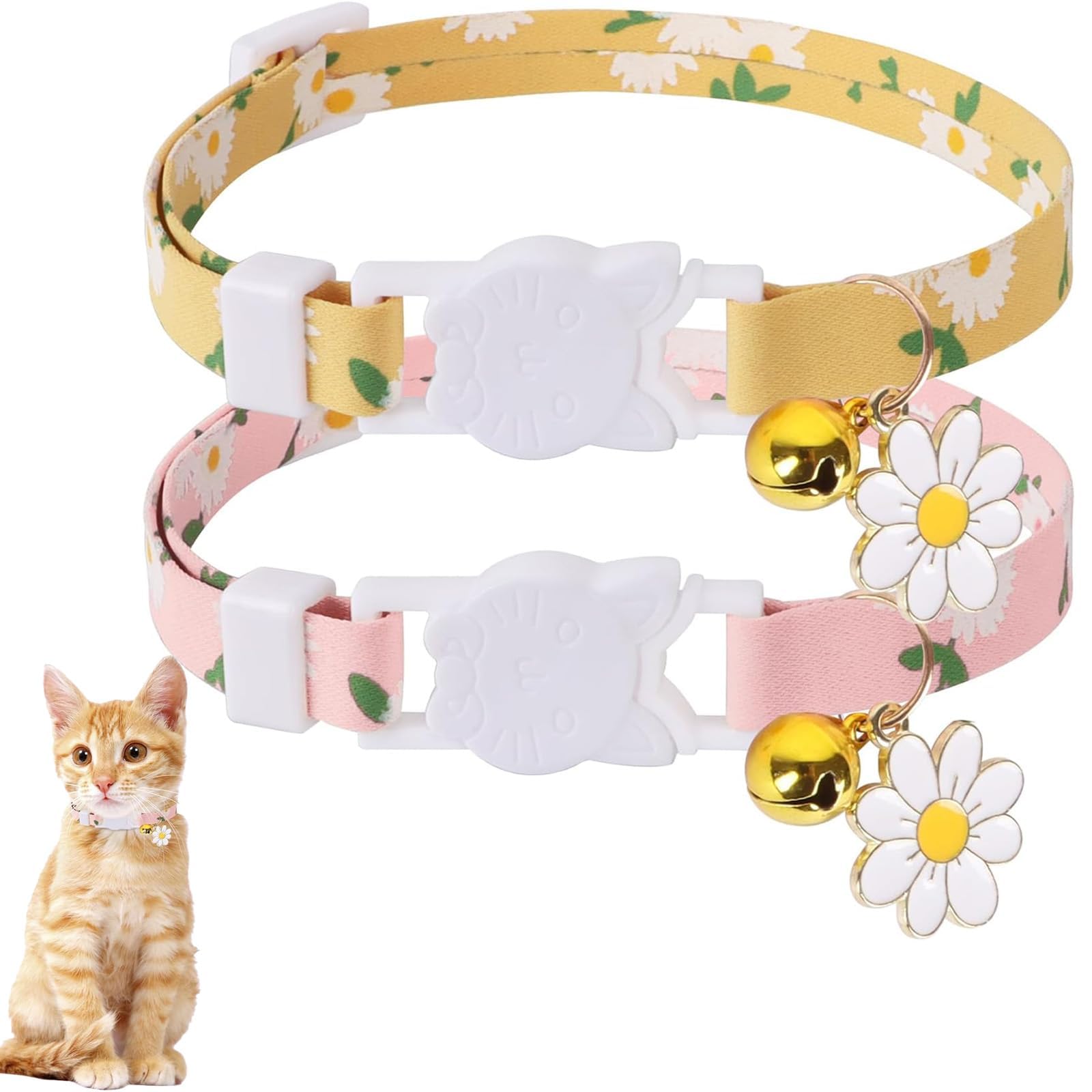 2Pcs Cat Collar With Bell, Cat Collars, Cat Collars With Bells, Cat Collar With Bell, Adjustable Kitten Collar Soft Flower Pattern Pet Collar for Cat(Yellow+Pink)