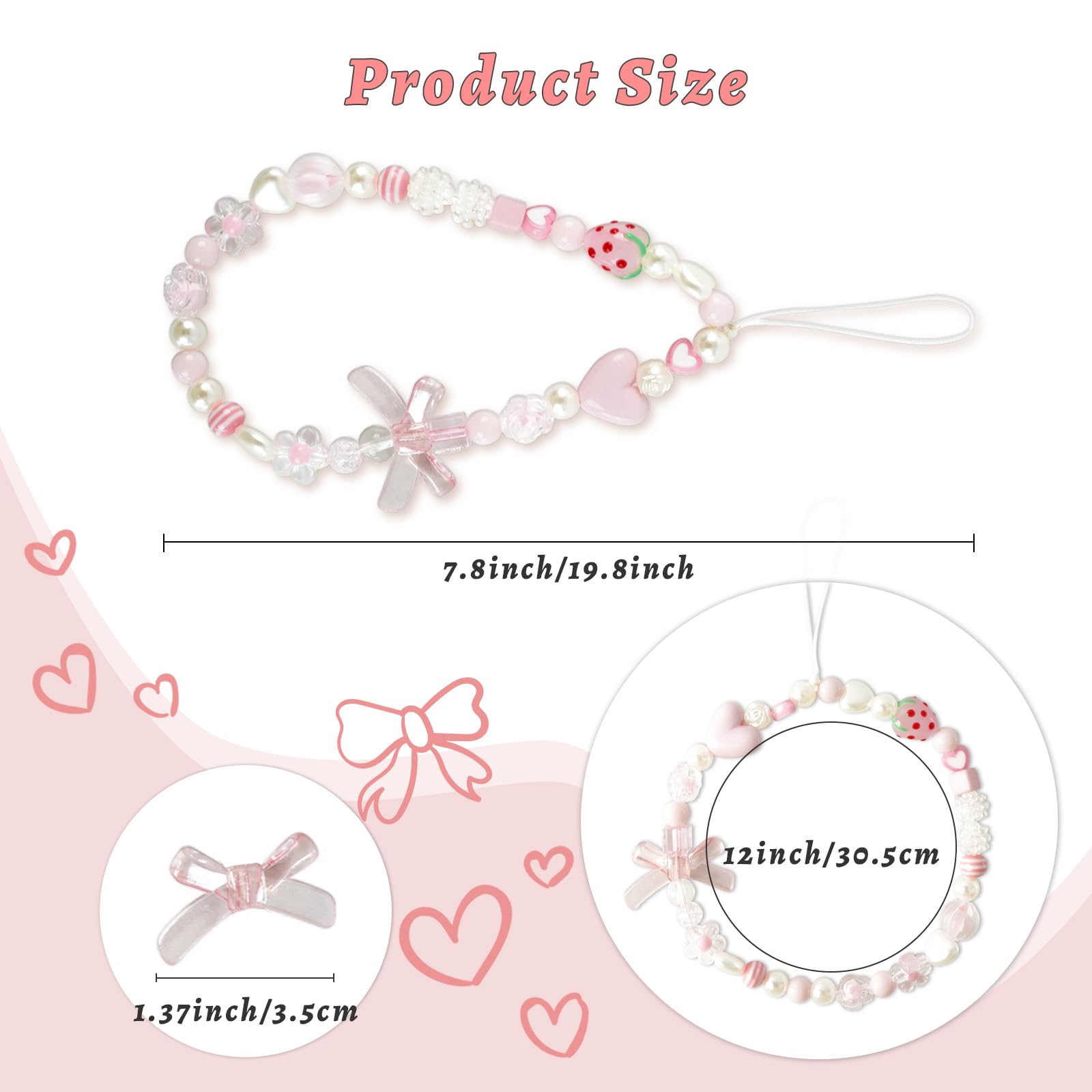 Pink Beaded Phone Wrist Straps, Y2K Phone Case Charms Camera Charm Strap, Lanyard Keychain Wristlet Aesthetic Cellphone Charm