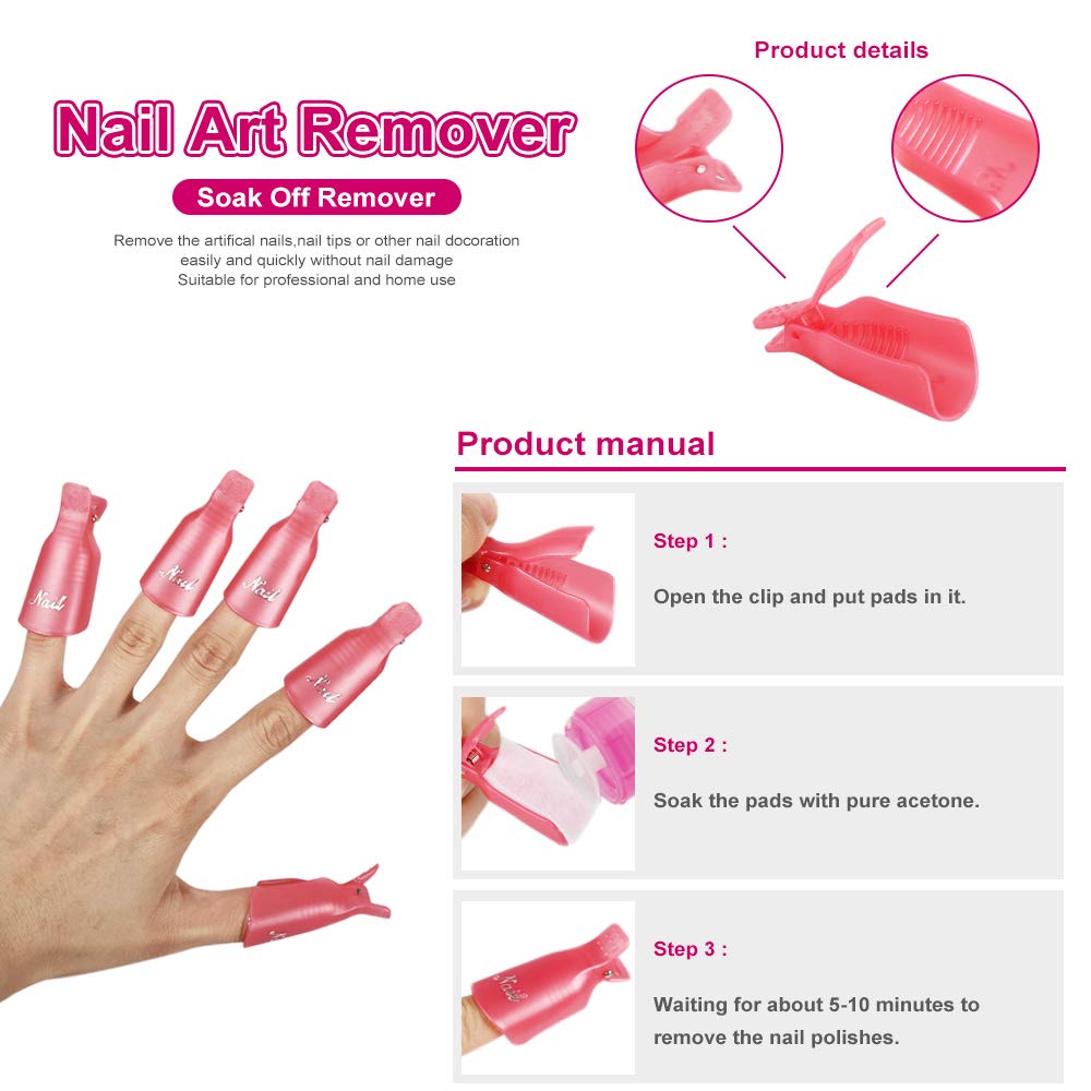 Nail Polish Gel Remover Tools Kit, YIMICOO 10pcs Nail Clips, 160ml Nail Polish Remover Bottle, 550pcs Cotton Pad, Triangle Cuticle Pusher, 4pcs 100/180 Nail Files, Buffer Blocks and Soft Brush : Beauty