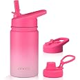 Mininoo Kids Insulated Water Bottle - 18 Oz Stainless Steel With Straw Lid, Strap & 50 Stickers (Pink/Sky)