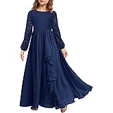 MITILLY Girls Fall Long Sleeve Maxi Dress Vintage A-Line Chiffon Ruffle Flowy Lace Flower Girl Dresses for Wedding Party