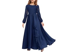 MITILLY Girls Fall Long Sleeve Maxi Dress Vintage A-Line Chiffon Ruffle Flowy Lace Flower Girl Dresses for Wedding Party