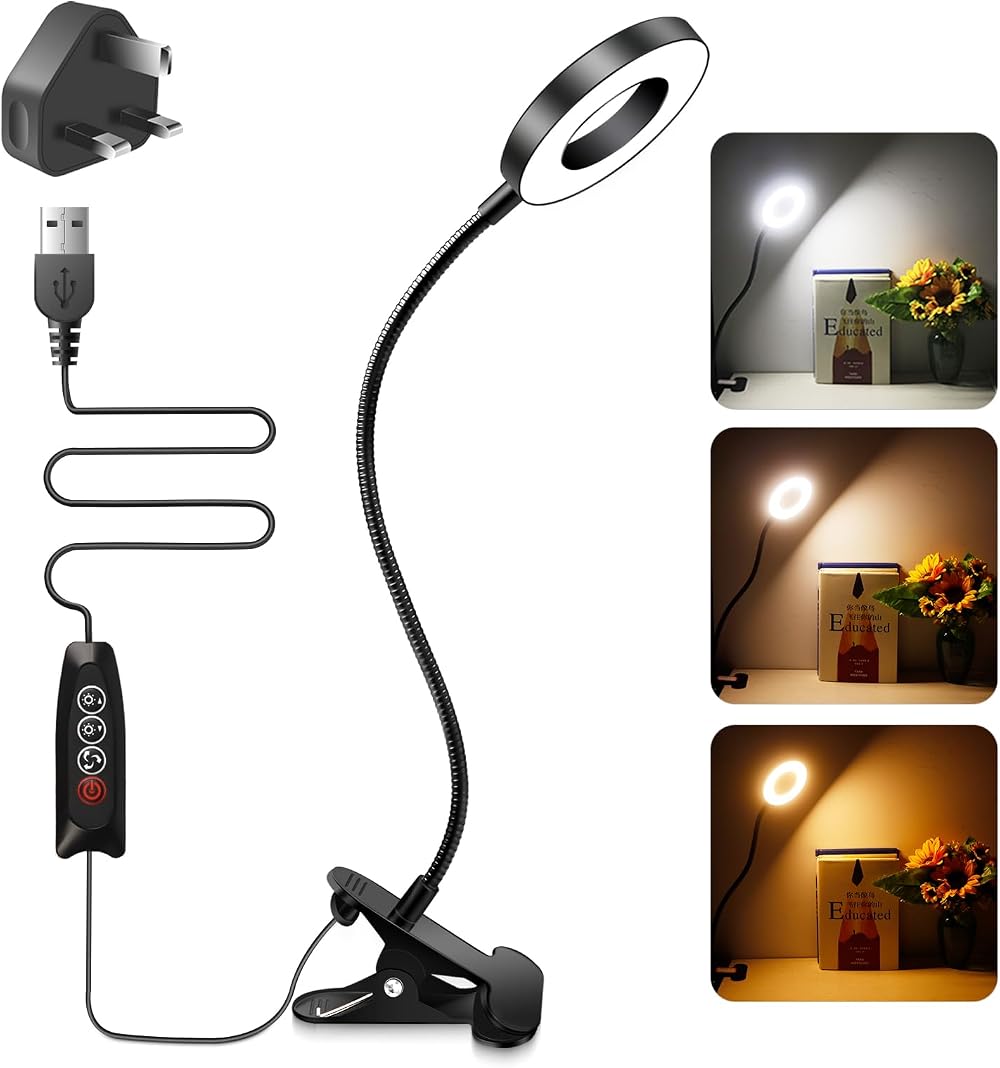 Akynite 7W Clip Desk Light with USB Adapter 48 LED 3 Color 10 Brightness