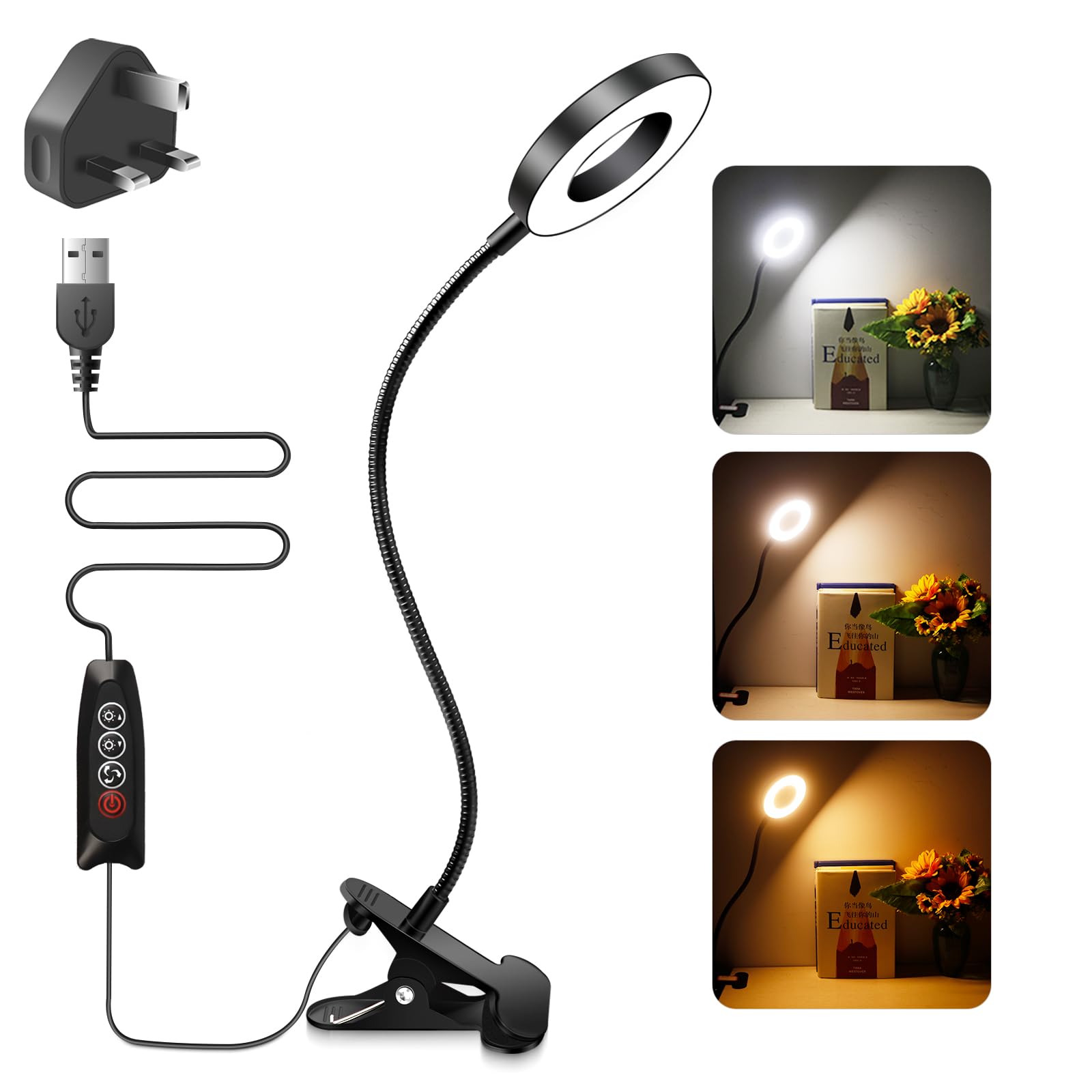 Akynite 7W Clip Desk Light with USB Adapter, 48 LED Bedside Reading Lamp Dimmable, 3 Colors Changing & 10 Brightness, Gooseneck Clip Bed Light for Bedroom, PC Lamp for Desk, Black