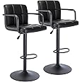 Vogue Furniture Direct Modern PU Leather Square Bar Stools, Adjustable Swivel Barstools with Back and Arms, Airlift Counter Height Chairs for Kitchen Dining Pub Cafe Set of 2 (Black, Black Base)