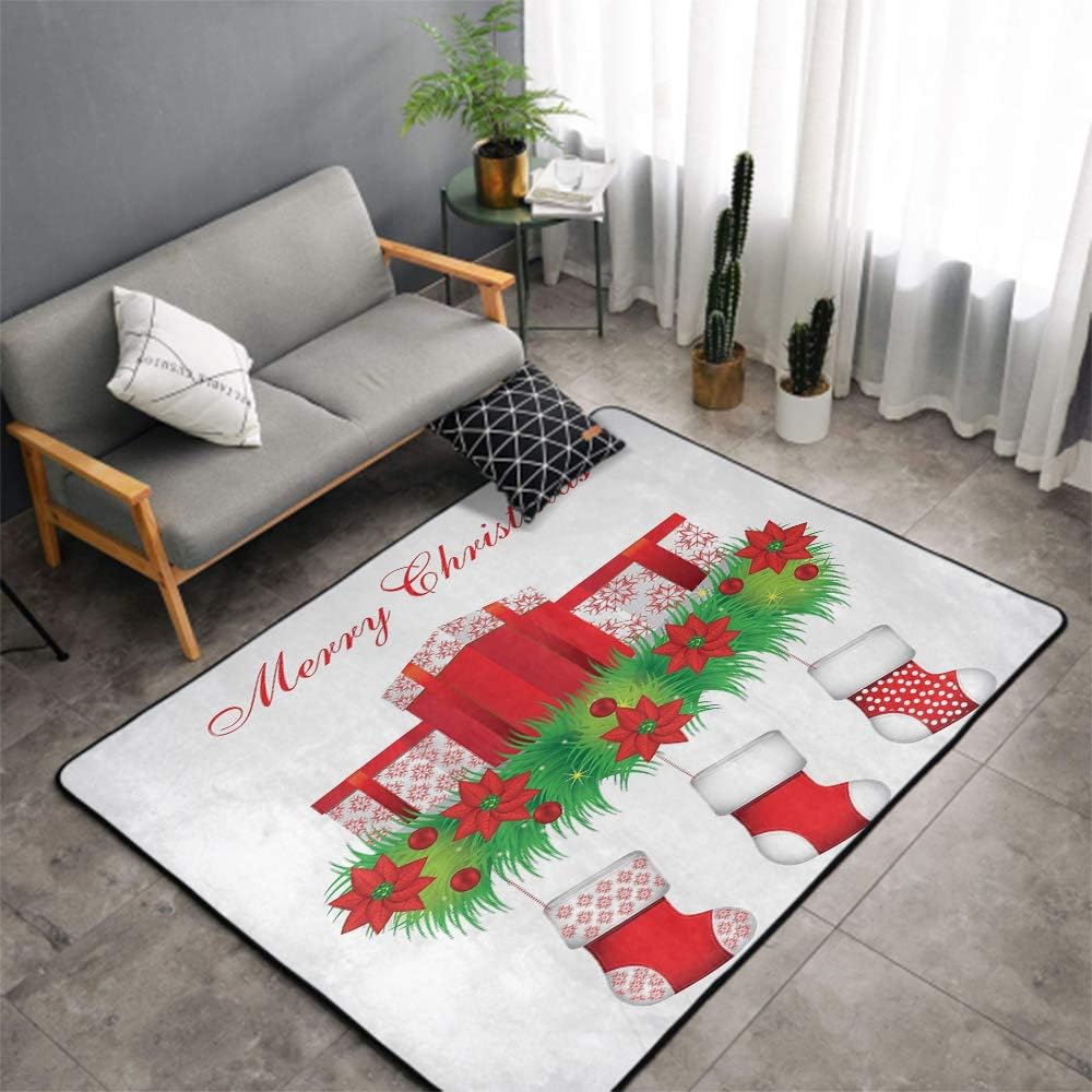 Christmas Area Rug Carpet Christmas Non-Slip Rug,Stockings Hanging for Santa Mistletoe Illustration Merry Christmas for All Extra Large Rug,Red Emerald White