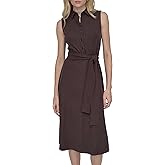 DKNY Womens Sleeveless Collared Neck Belted Midi Dress
