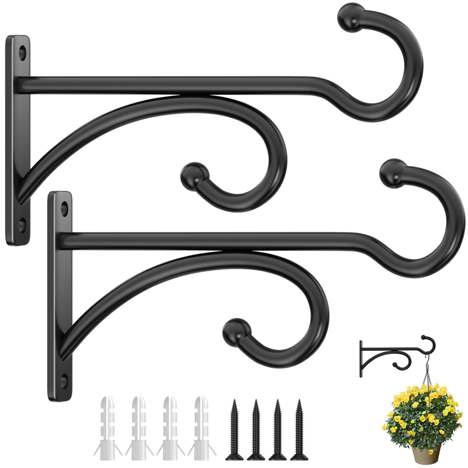 2 Pcs 15cm (6 Inches) Planter Hooks for Hanging Plants - Plant Hanger Hook Indoor Outdoor, Plant Wall Hooks, Brackets for Hanging Plants, Baskets, Wind Chime, Bird Feeder, Bird House (Black, Metal)