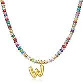 YOUFENG Initial Letter Necklaces for Women Colorful Beaded Gemstone Choker 14K Gold Plated Bubble Letter Pendant Necklace Natural Stone Handmade Jewelry Gift