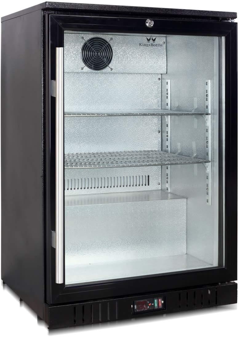 KingsBottle KBU-55-BP Commercial Grade Back Bar Fridge with 1 Self-Closing Glass Door, Black, 160 cans