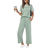 WIHOLL Two Piece Sets for Women Summer Spring Travel Vacation Outfits Short Sleeve Lounge Sets Side Slit Wide Leg Pants S-3XL