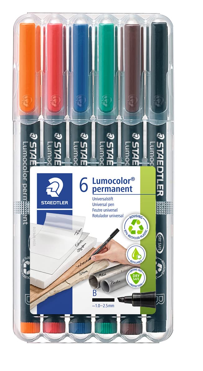 Staedtler Lumocolor Permanent Pen 314 Broad 1.0/2.5mm Line - Assorted Colours (Pack of 6) โ image 1