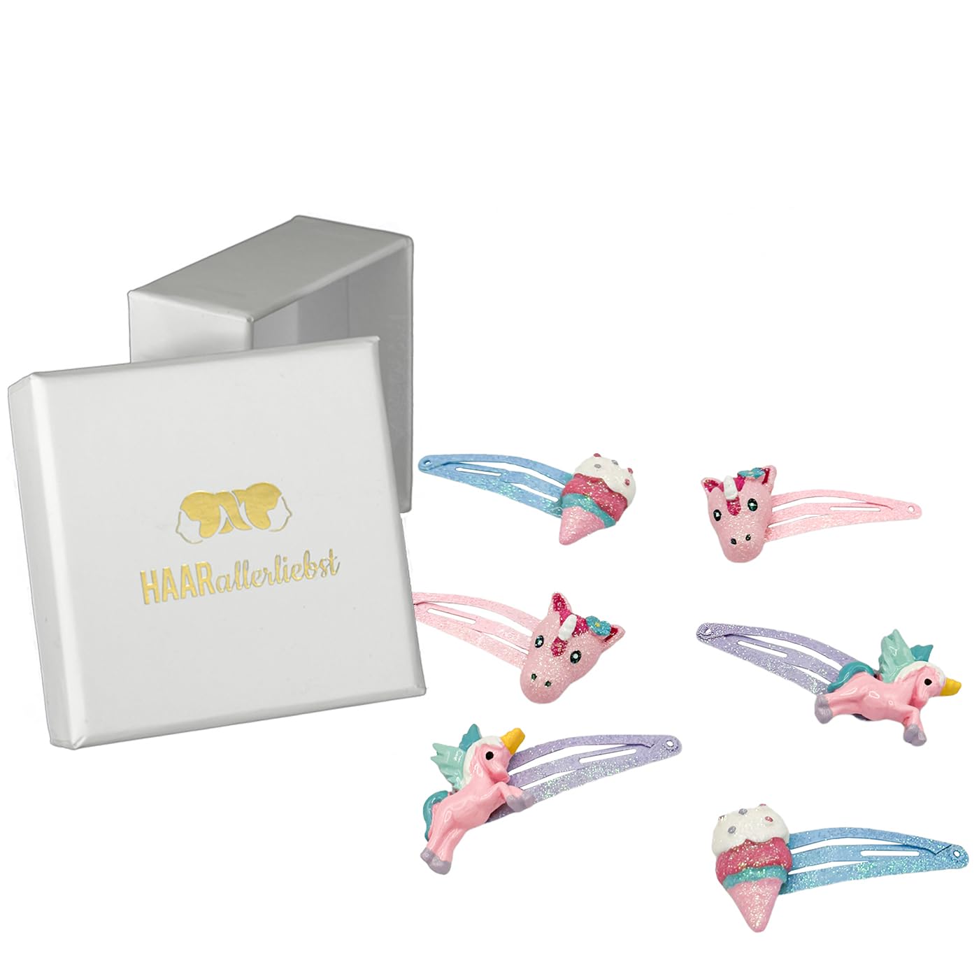 HAARallerliebst Hair clips set (6 pieces, glittering butterflies, colourful) for girls, including box for storage (ice cream box, white)