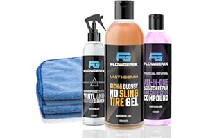 Flowgenix Grand Slam 3-Pack - Includes Tire Shine Gel (8oz), Car Scratch Remover (4oz), Water-Repellent Vinyl and Car Leather Protector (8oz), 2 Microfiber Towels