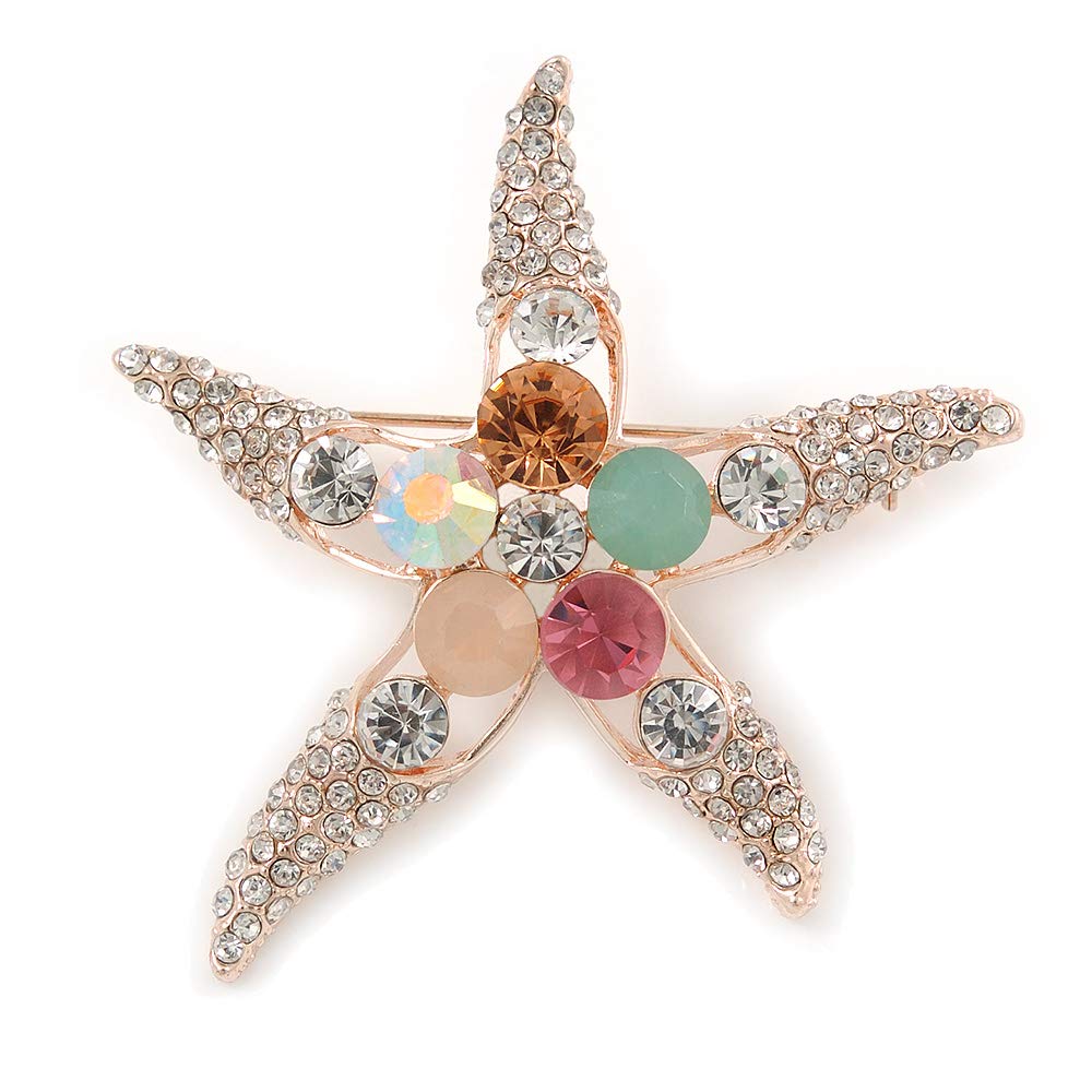 Crystal Starfish Brooch In Gold Tone Metal - 55mm L