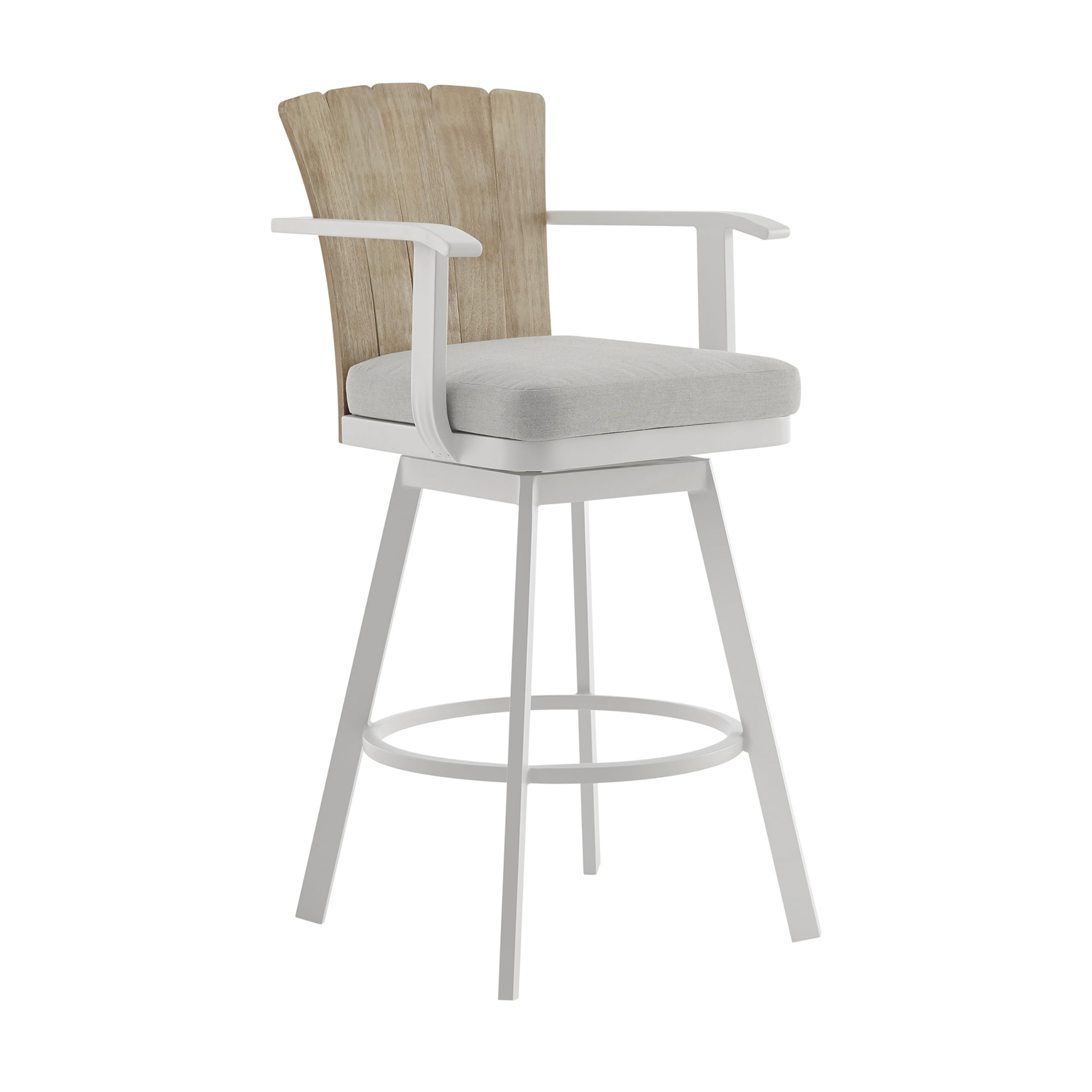 Photo 1 of Benjara BM315725 Luna 30 Inch Outdoor Swivel Barstool Chair, Rustic Teak Wood, White and Gray