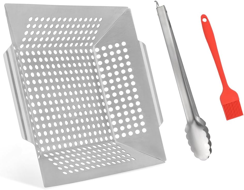 KALREDE Grill Basket - Barbecue Gourmet Vegetable Basket with Handle-Stainless Steel Grilling Basket-Heavy Duty Food Tongs and BBQ Silicone Basting Brush - 3pcs Grill Tool Accessories