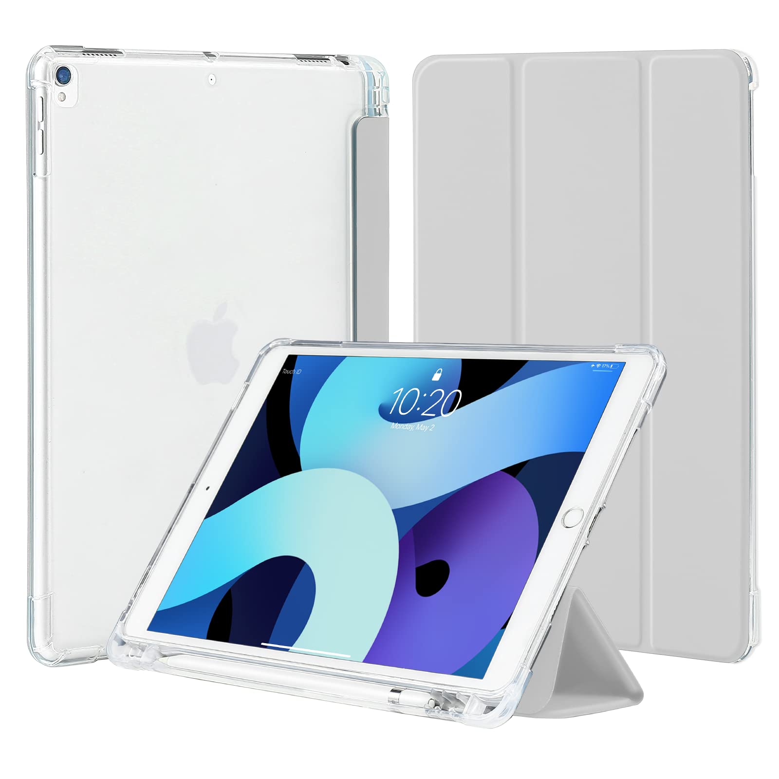 4UBonLife Case for iPad 9th/8th/7th Generation 10.2" 2021/2020/2019, for iPad Air 3/ Pro 10.5" 2017 with Pencil Holder, Slim Stand Smart Case Soft TPU Translucent Frosted Back Cover, Light Grey