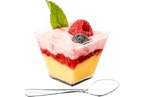 DLux 50 x 2 oz Mini Dessert Cups with Spoons, Square Short - Clear Plastic Parfait Appetizer Cup - Small Reusable Serving Bow