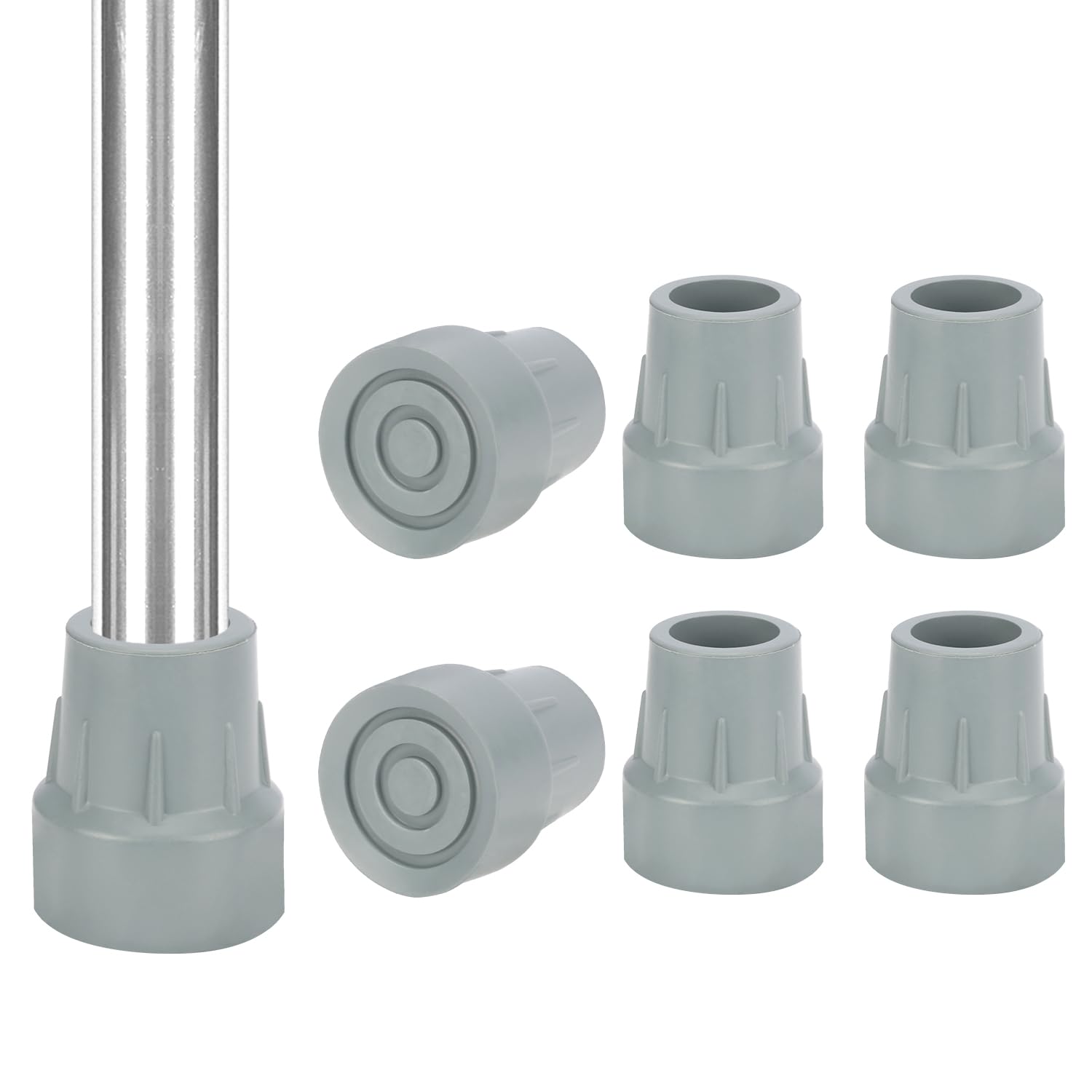 YF 1" (25mm) Rubber Ferrules for Crutch, 6 Pack Non-Slip Replacement Crutch Tips for Walkers, Commodes, Shower Chairs, and Bath Benches, Walking Canes, Walking Sticks, Grey