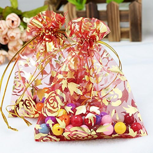 Grandroomchic[TM] 100 Pcs 5"x7" Red Jewelry Rose Organza Drawstring Pouches Jewelry Party Candy Bags Jewelry Pouch Favor Gift Bags