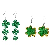 Honbay 2 Pairs of Cute Irish Shamrock Clover Earrings Glitter Green Acrylic Dangle Drop Earrings St. Patrick's Day Earrings Irish Festival Earrings Gift