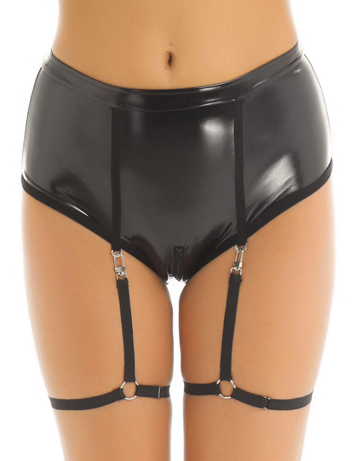 Buy inlzdz Women's Wet Look Latex Harness Hot Pants Zipper Crotch Booty