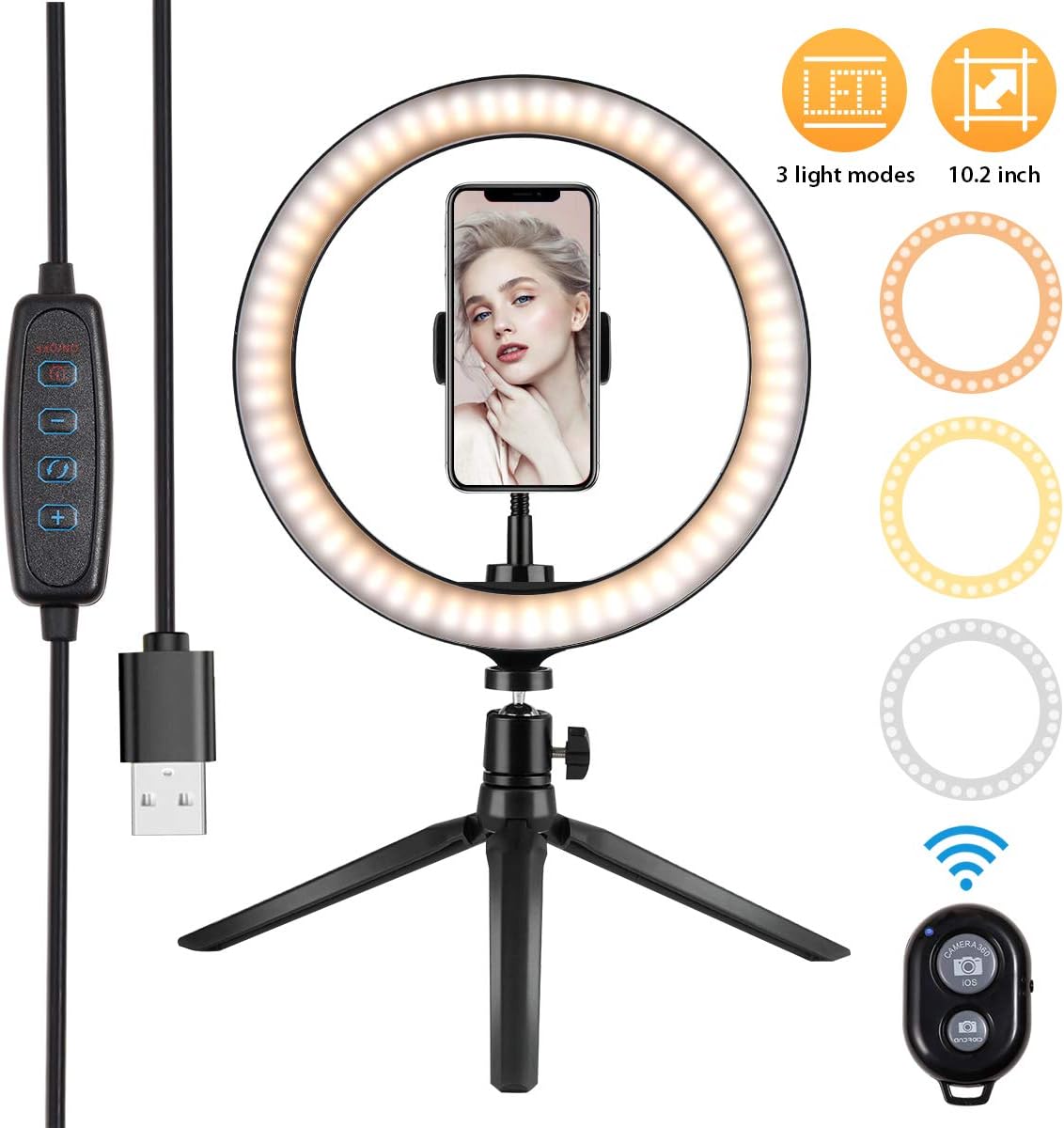 10" Ring Light, with Phone Holder Selfie Ring Light, 3 Lighting Modes and 10 Brightness Levels, for Live Streaming, YouTube, Makeup, Video Shooting, Vlog, Selfie (Remote Control for iPhone Android)
