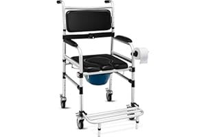 Giantex 3 in 1 Lightweight Shower Commode, Transport Bedside Commode with Wheels, Adjustable Height and Pedal, Shower Wheelch