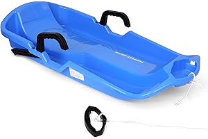 Slippery Racer Downhill Thunder Flexible Plastic Toboggan Snow Sled with Built in Brake System, Pull Rope, and Handle Grips, Blue