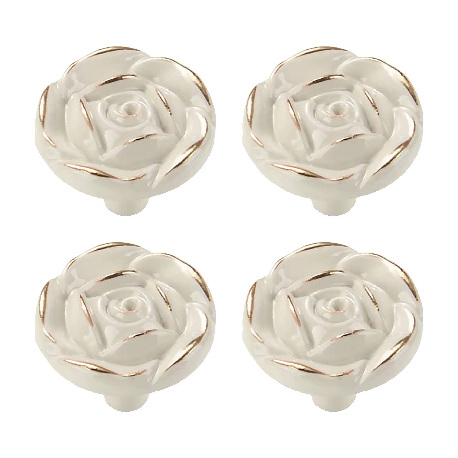MOROBOR Antique Rose Flower Cabinet Knobs, 4pcs Vintage Zinc Alloy Handles Ivory White Drawer Handle Knobs for Dresser Cabinet with Mounting Screws(Golden Edge) — image 1