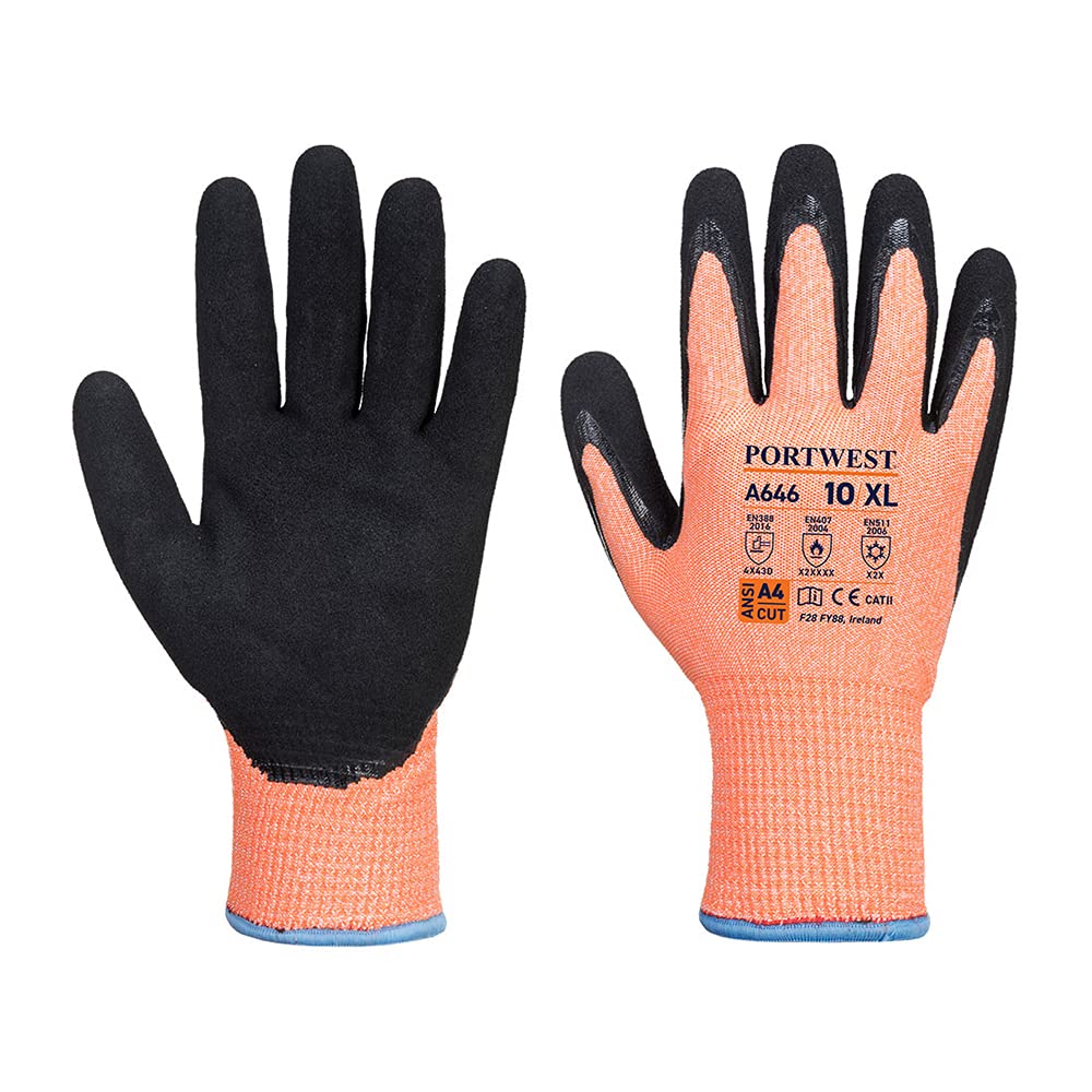 Portwest Vis-Tex Winter HR Cut Glove Nitrile, Color: Orange, Size: M, A646O8RM