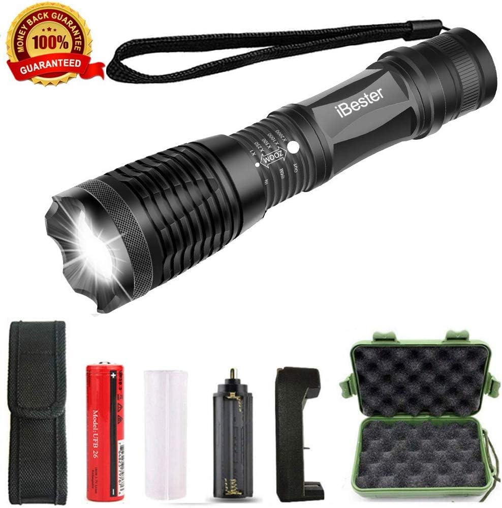 LED Tactical Flashlight - iBester High Powered Flashlight with Rechargeable Battery & Charger & Holster, High Lumen, Portable, Zoomable, 5 Modes, Water Resistant, Perfect for Camping, Outdoor