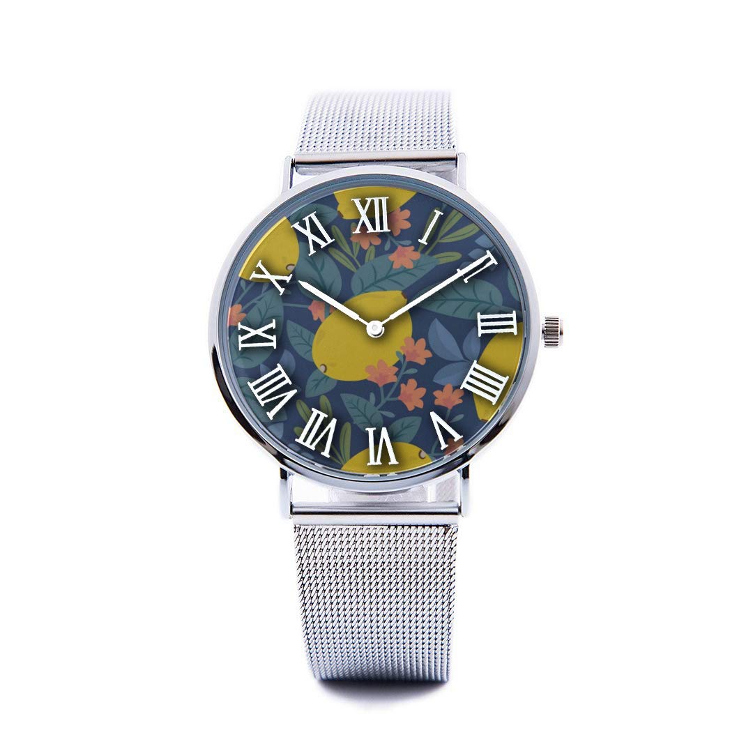 Unisex Fashion Watch Lemon Tree Flower Hand Drawn Print Dial Quartz Stainless Steel Wrist Watch with