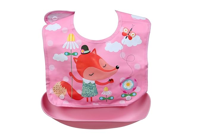 Baby Table bib with Attachable Bowl Silicon bib Baby appron Baby Waterproof bib Cum appron Nursery Print Cartoon Character Print Color Pink