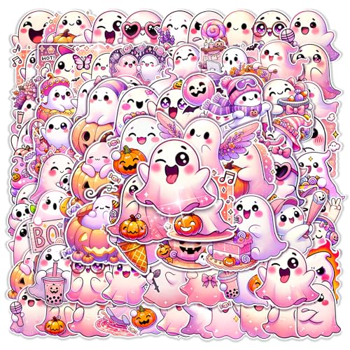 Photo 1 of 100 PCS Pink Halloween Ghost Theme Vinyl Stickers, Cute Ghost Decorative Stickers for Parties, Suitable for Children, Teens, and Adults, Ideal for Water Bottles, Laptops, and Cups