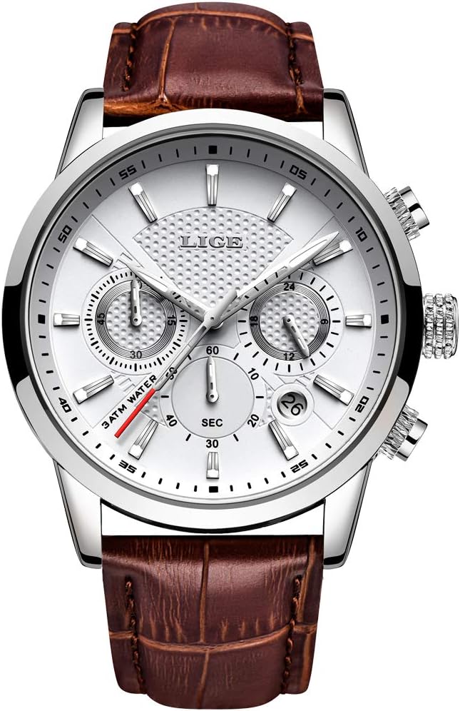 LIGE Men's Watches Elegant Designer Waterproof Sport Watch for Men Chronograph White Quartz Wristwatches for Gifts Dress Calendar with Leather Strap