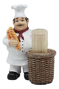 Ebros Pastry Head Chef Jean Holding Baquette Bread With Faux Wicker Basket Toothpick Holder Figurine