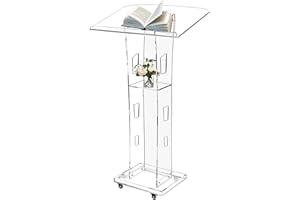 Easilywinlife Acrylic Podiums for Church with 4 Wheels, 43” Clear Pulpit for Churches with Storage Shelf, Modern Lectern with 15 Colors Adjustable for Classroom, Conference, Wedding
