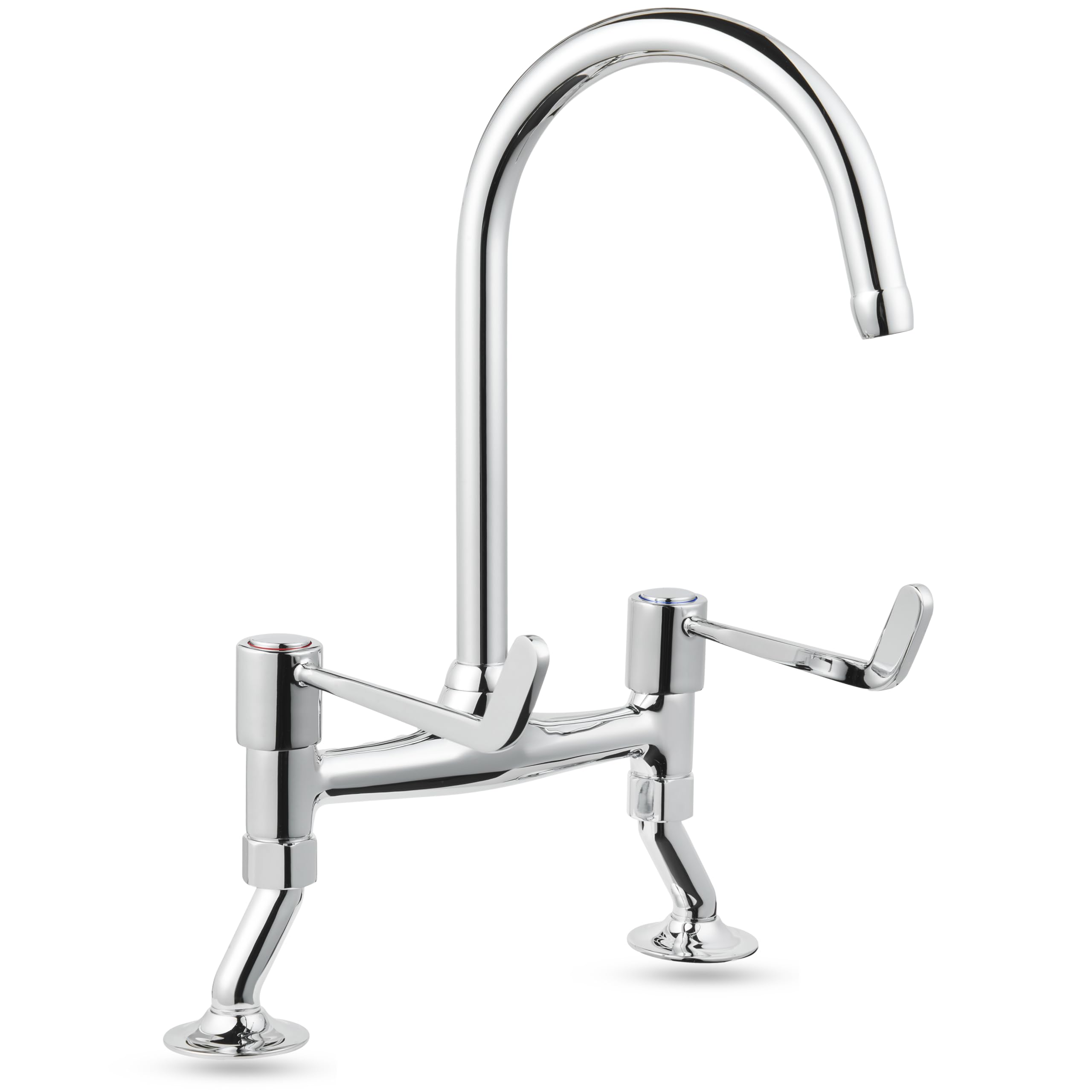 Deva DLV305B Bridge Kitchen Tap in Chrome with 6" Long Large Lever Action Handles Silver Mixer Sink Basin Swivel Spout Taps-12 Year Warranty