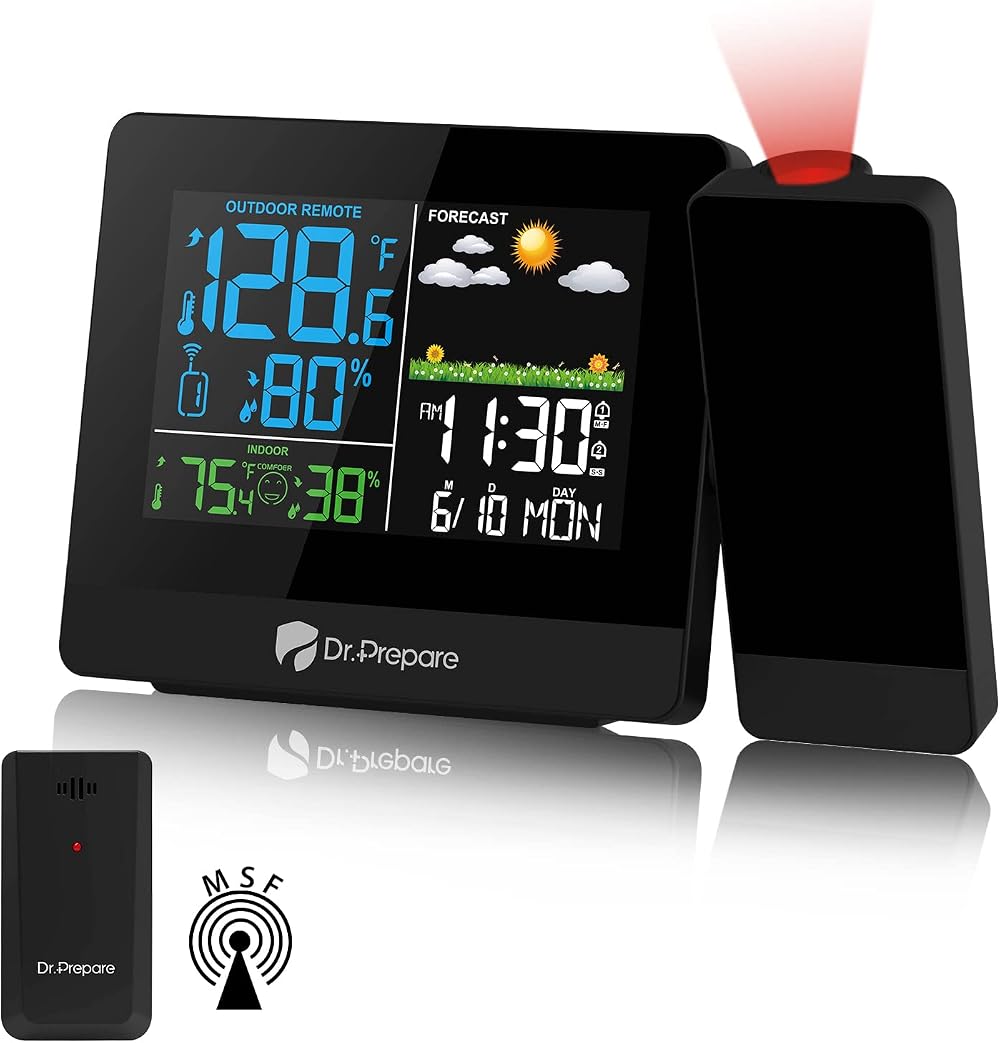DR.PREPARE Projection Alarm Clock Digital MSF Temperature Humidity Weather