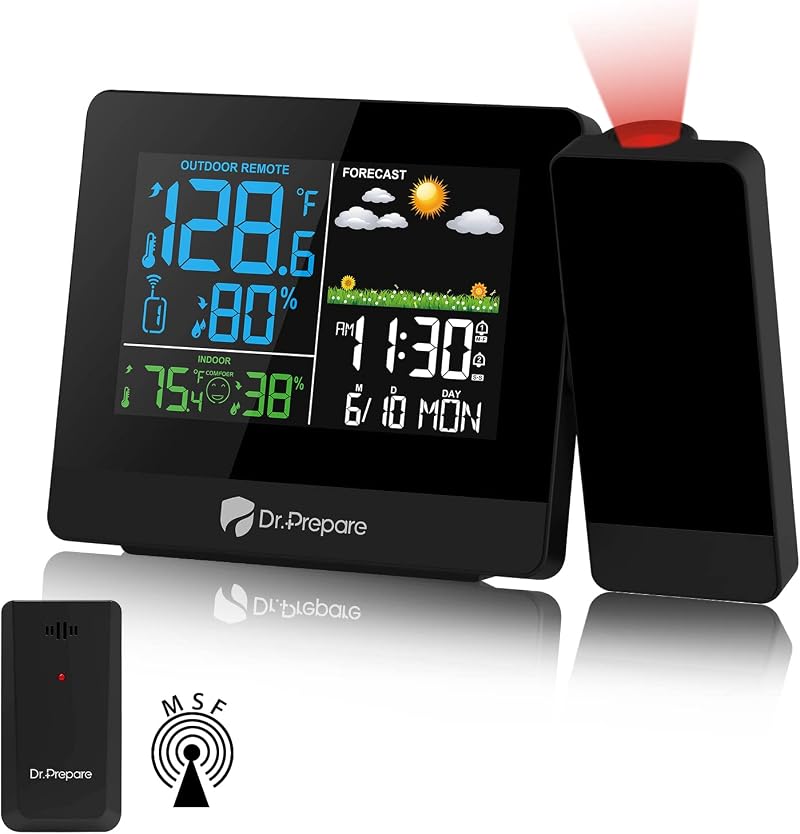 DR.PREPARE Projection Alarm Clock Digital MSF Temperature Humidity Weather