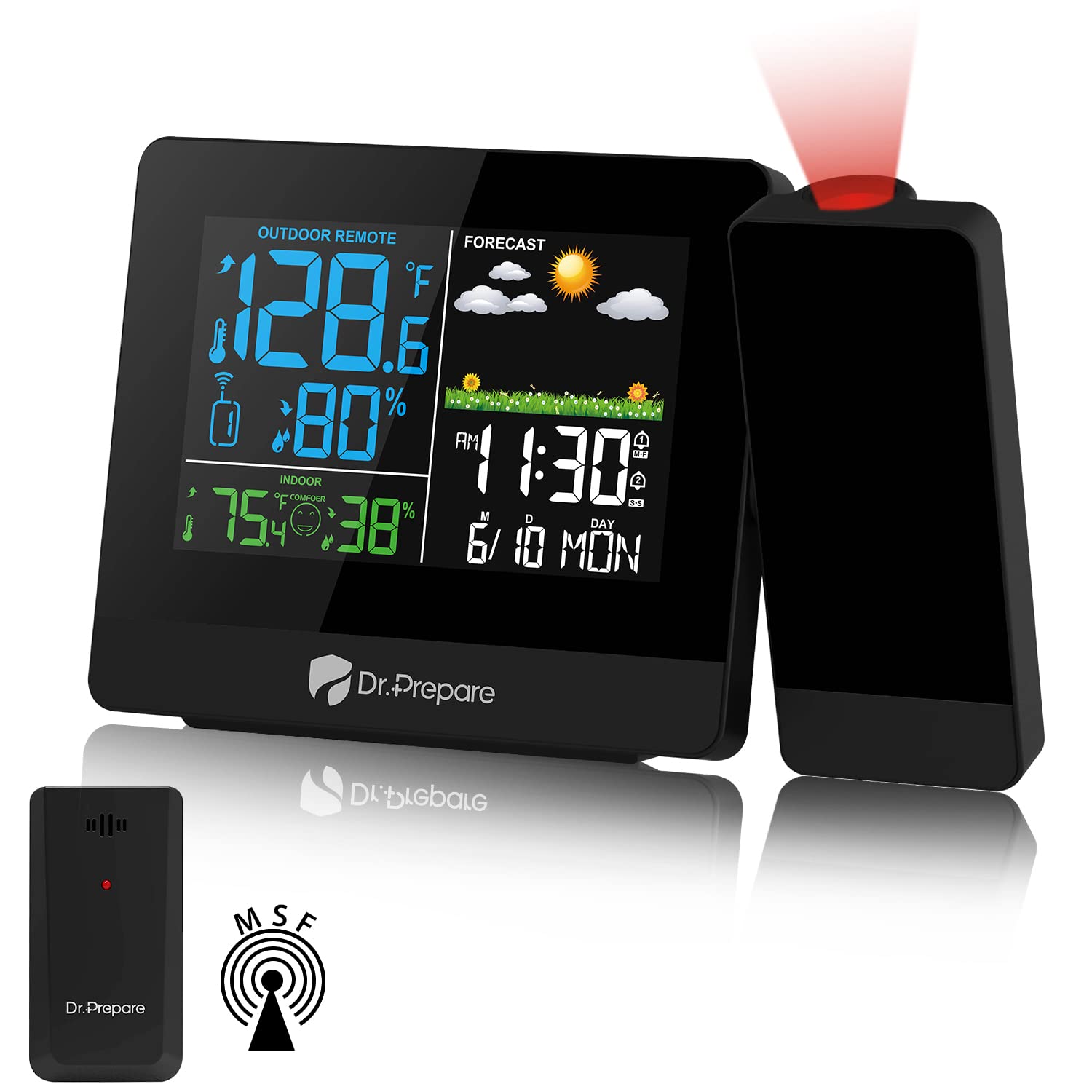 DR.PREPARE Projection Alarm Clock, Digital Projector Clock with MSF on Ceiling, Temperature Humidity Display, Weather Station with Outdoor Wireless Sensor, Weather Forecast, Snooze