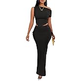 Adogirl 2 Piece Skirt Sets for Women Summer One Shoulder Asymmetrical Crop Top Drawstring Side Bodycon Going Out Dress