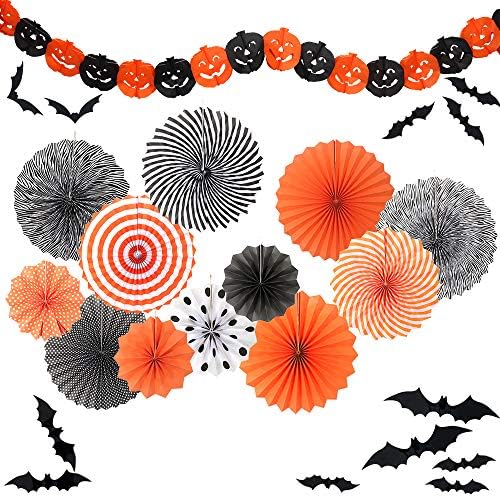 YunisonHalloween 12pcs Paper Fan Decorations Kit DIY Ceiling Hanging Paper Fans, Smile Pumpkin Party Banner, 24pcs 3D Bat Wall Stickers Window Decor Supplies