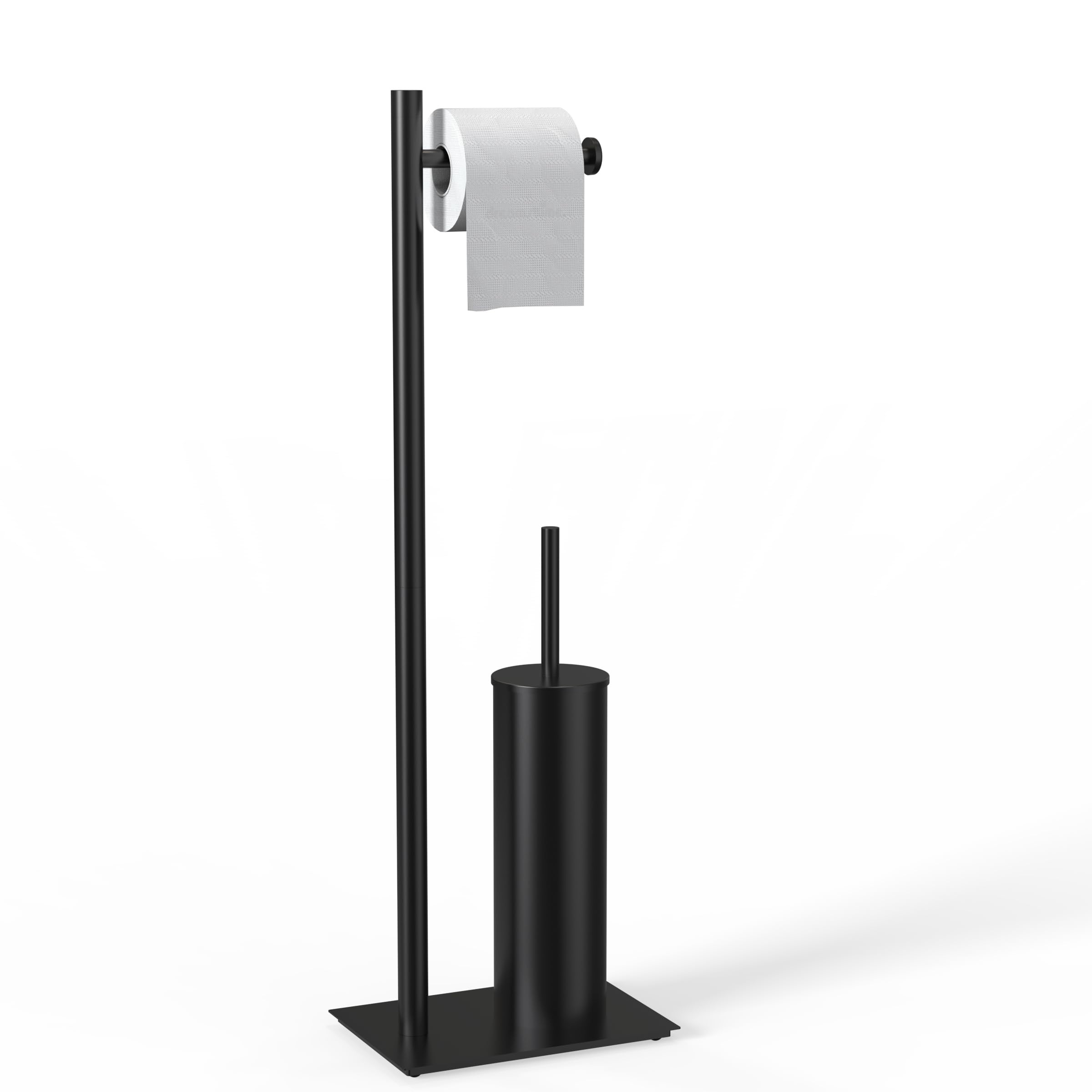WZRUA Black Freestanding Toilet Roll Holder and Toilet Brush Holder Set, 304 Stainless Steel Toilet Paper Holder Stand, Anti Overflow Free Standing Toilet Brush Holder