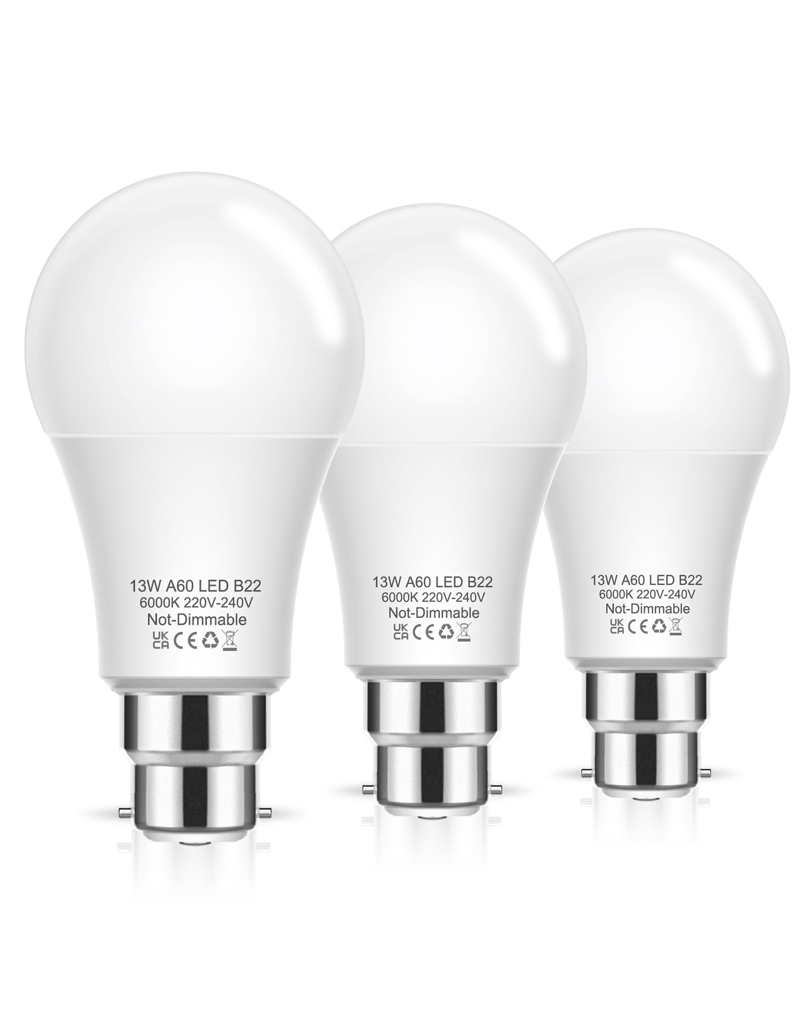 Flaspar Bayonet Light Bulbs, 100W Equivalent B22 LED Bulbs Bayonet, 6000K Cool White, 13W Daylight Bulbs BC GLS A60 Energy Saving for Chandelier, Living Room, Non-dimmable, Pack of 3