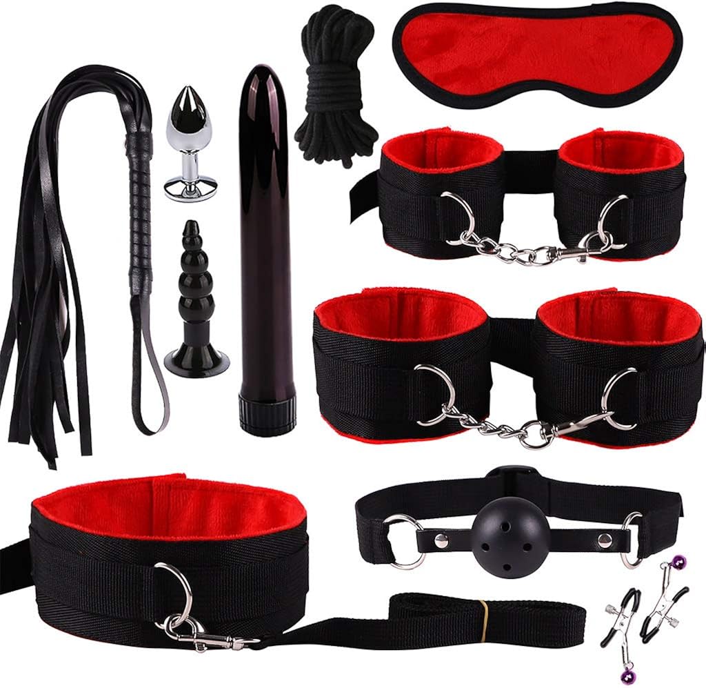 Qisuw 11 Pcs Plush Bondaage Set - Nylon PU Leather Foot Hand Ccuffs Eye Mask Blindfolded Gag and Annal Tail Tool : Clothing