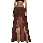OYOANGLE Women's Boho Layered Ruffle Chiffon Maxi Skirt Y2K Elastic Cowgirl Western Asymmetrical Skirts