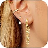 Shownee Tassel Chain Small Gold Hoop Dangle Earring For Women Huggie Earring Heart Star CZ 14K Gold Plated Fashion Jewelry Friendship Gift